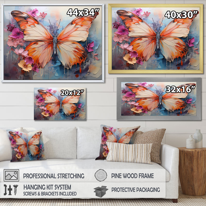 Papillon abstrait auras - art mural papillon, Cadre flottant blanc, H 34 po x l 44 po x P 1,5 po
