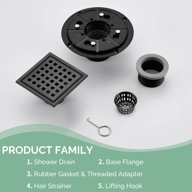 4.33'' Square Grid Shower Drain With Flange, Black