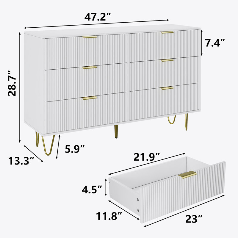 6 tiroirs pour la chambre à coucher, commode large de grande taille, commode double en bois