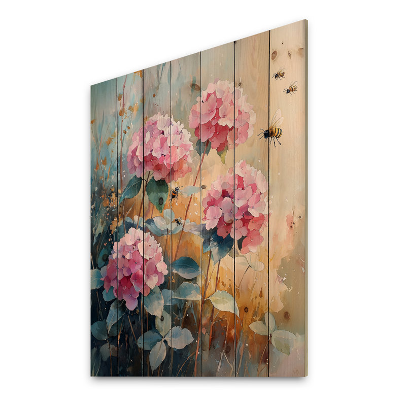 Hortensias dans le champ de trèfles II - Art mural en bois d'hortensias - sur bois de pin naturel
