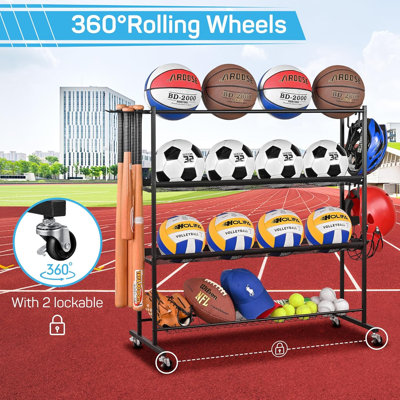 Basketball Rack, Ball Storage With Baseball Bat Holder, Rolling Ball Rack With Removable Nylon Mesh For Various Ball Sizes, Basketball Holder For Football Basketball Soccer Ball