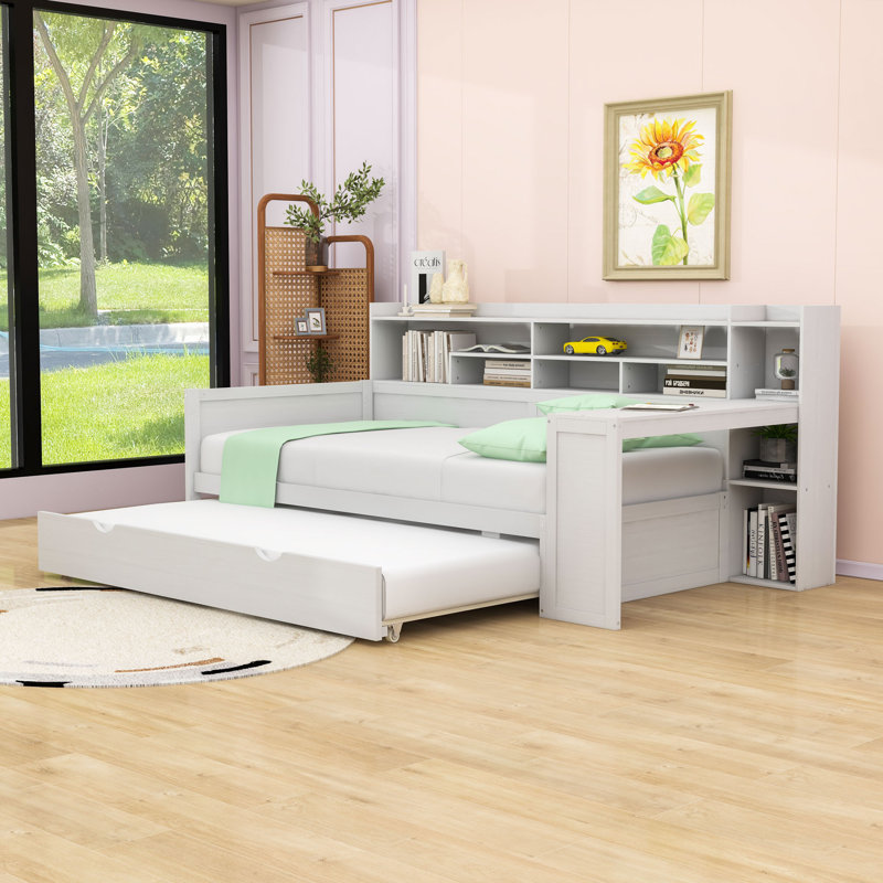 Wooden Daybed with Twin Trundle, Storage Shelves, Twin, Antique White