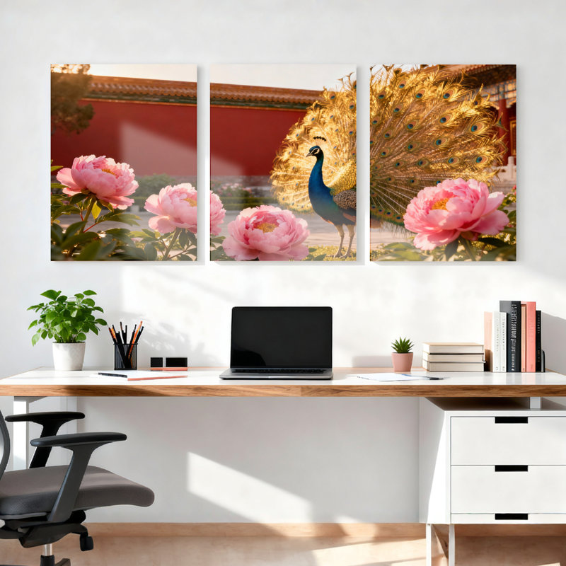 Ensemble de 3 tableaux sur toile tendue représentant un paon et des pivoines roses, dans un jardin chinois.