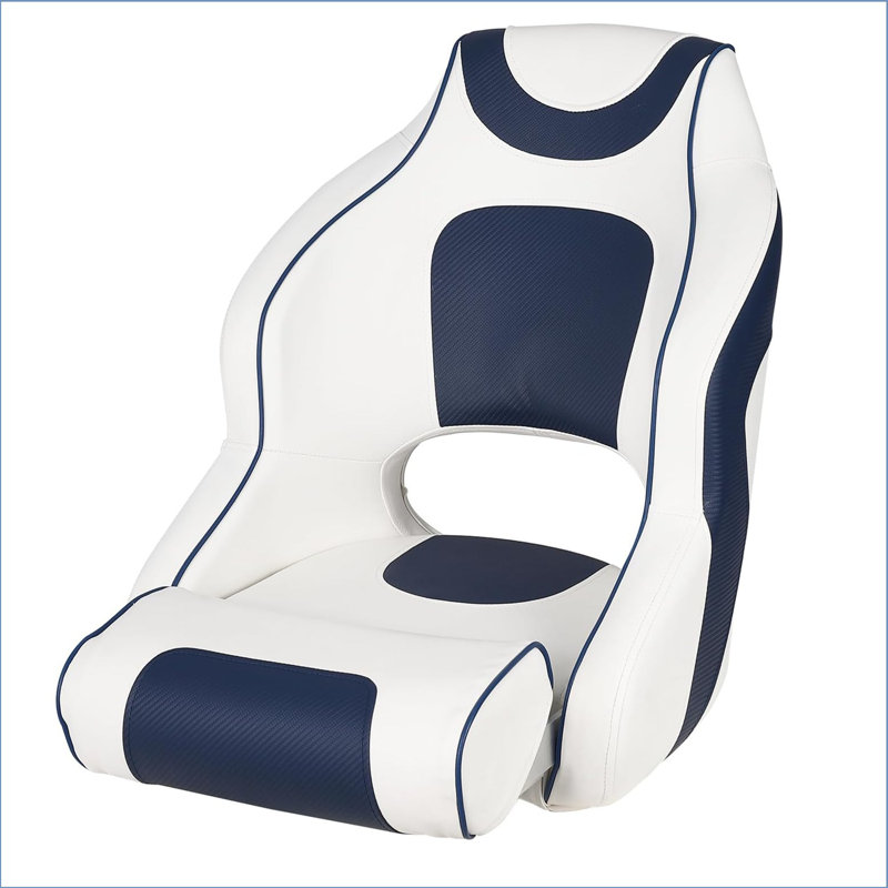 High Back Boat Seat With Armrests,Flip-Up Captain Boat Seat For Fishing/Pontoon Boats,Captains Bucket Seat,Waterproof Boat Captain Chair Aluminum Hinges Stainless Steel Screws, White/Blue