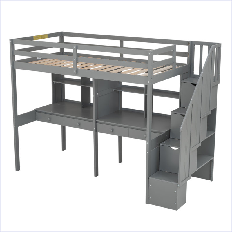 Structure de lit simple de taille mezzanine avec escalier de rangement et bureaux et tablettes doubles
