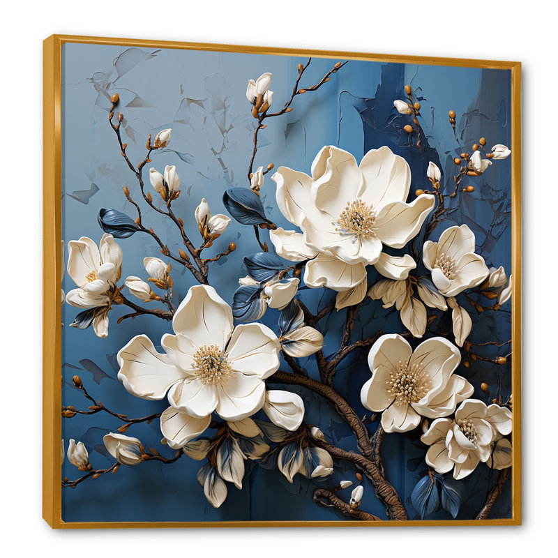 «Blue and White Magnolia Blooming I - Magnolias», reproduction sur toile, H 36 po x l 36 po x P 1,5 po, Cadre flottant doré