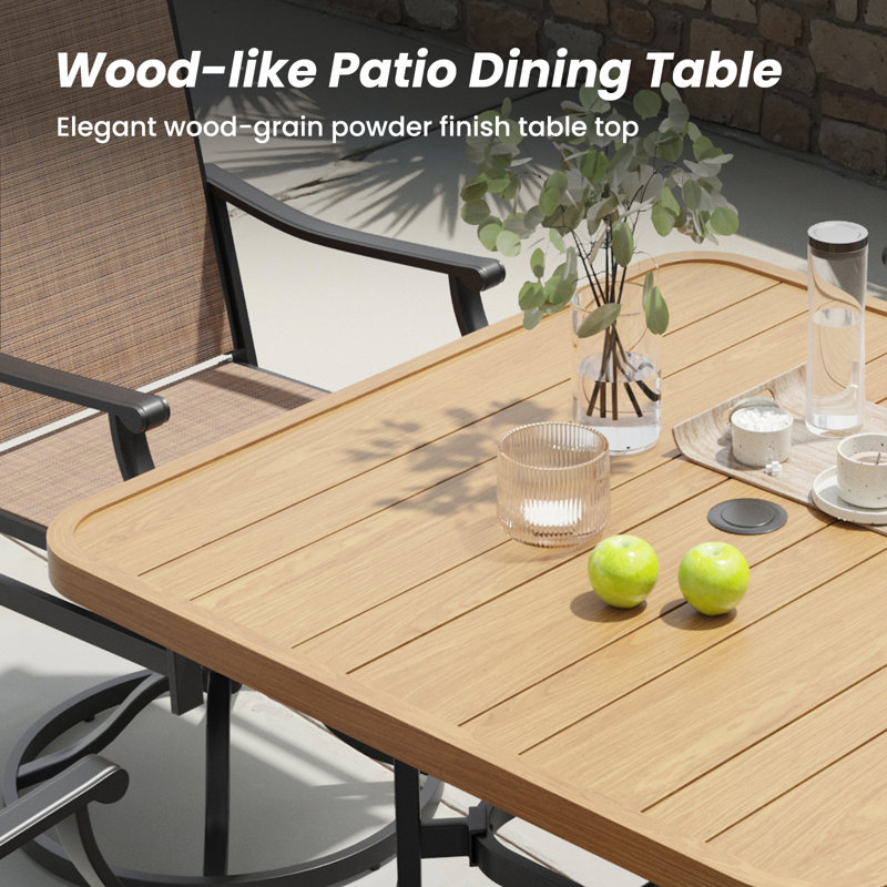 6-Person Steel Patio Dining Set with Swivel Chairs, Brown, Brown