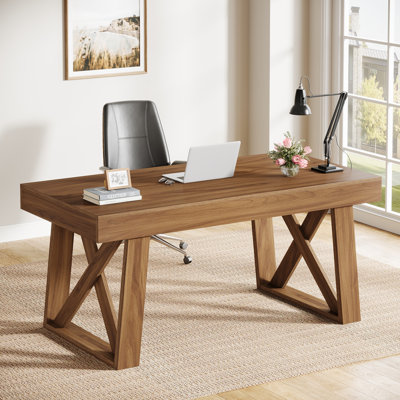 Bureau d'ordinateur rétro brun foncé avec petit tiroir, bureau très large de 55 po pour la maison et le bureau - idéal pour les jeux et les installations multi-écrans