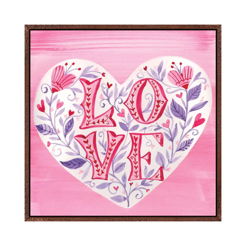 Hearts Flowers 1 Piece Painting on Canvas, 45.72cm H x 45.72cm W x 3.81cm D, Classic Brown Wood Framed