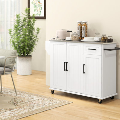 Grand îlot de cuisine avec tiroir et armoires - blanc, comptoir en acier inoxydable, support à épices, dessus de chariot spacieux avec serviette, 3 armoires, tiroir, support blanc pour un rangement efficace