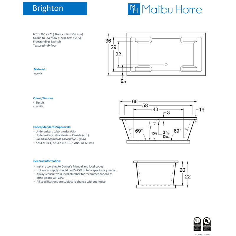 Brighton 66" x 36" Freestanding Soaking Acrylic Bathtub, Biscuit