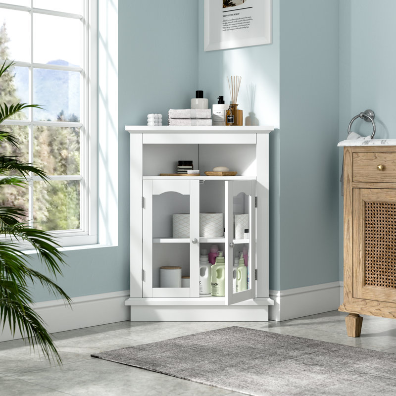 Floor Corner Accent Cabinet With Two Doors And Shelves, Free-standing Corner Storage Cabinets