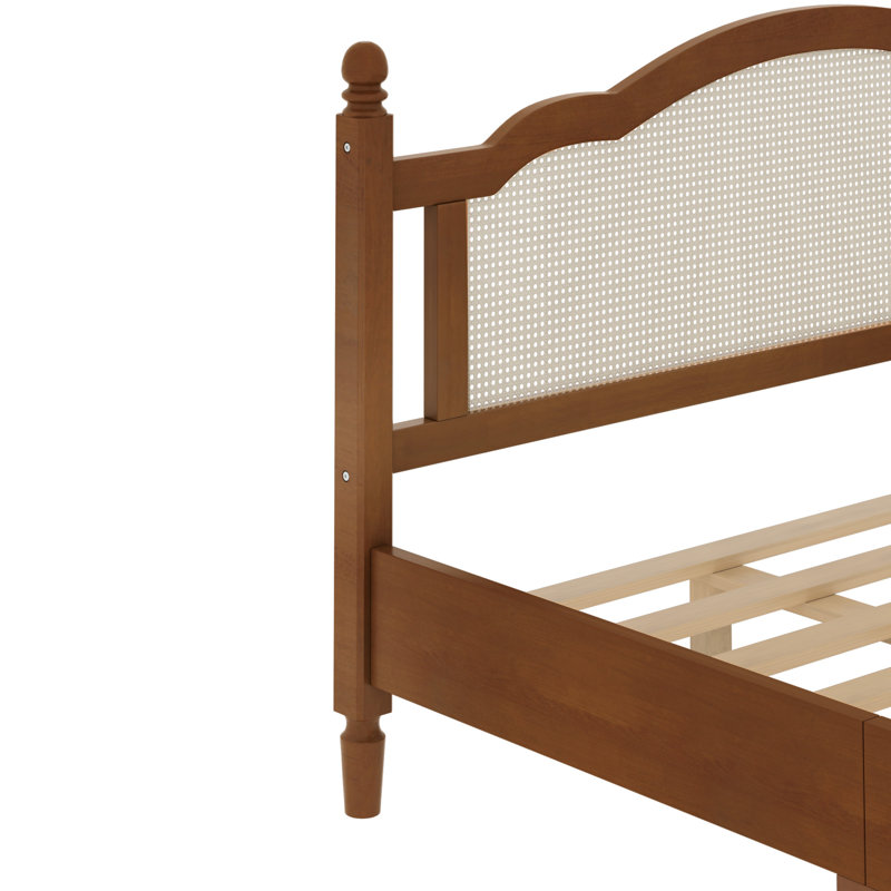 King Platform Bed 85.4"x79.1"x50.4" Wood with Natural Rattan Headboard Walnut