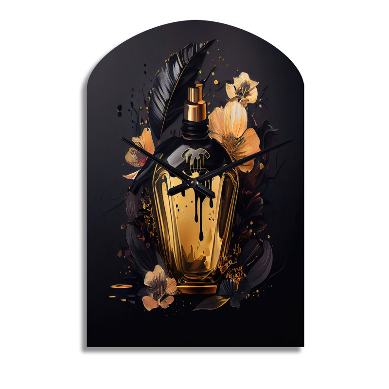 Chic bouteille de parfum noire et dorée - horloge murale Fashion, Grand