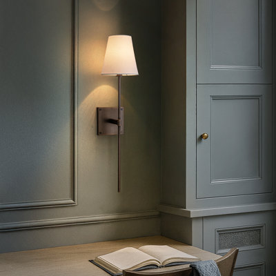 25" Tall Transitional Wall Sconce In Bronze With White Linen Shade Modern Farmhouse Fabric Wall Light Fixture For Bedside Hallway Bathroom