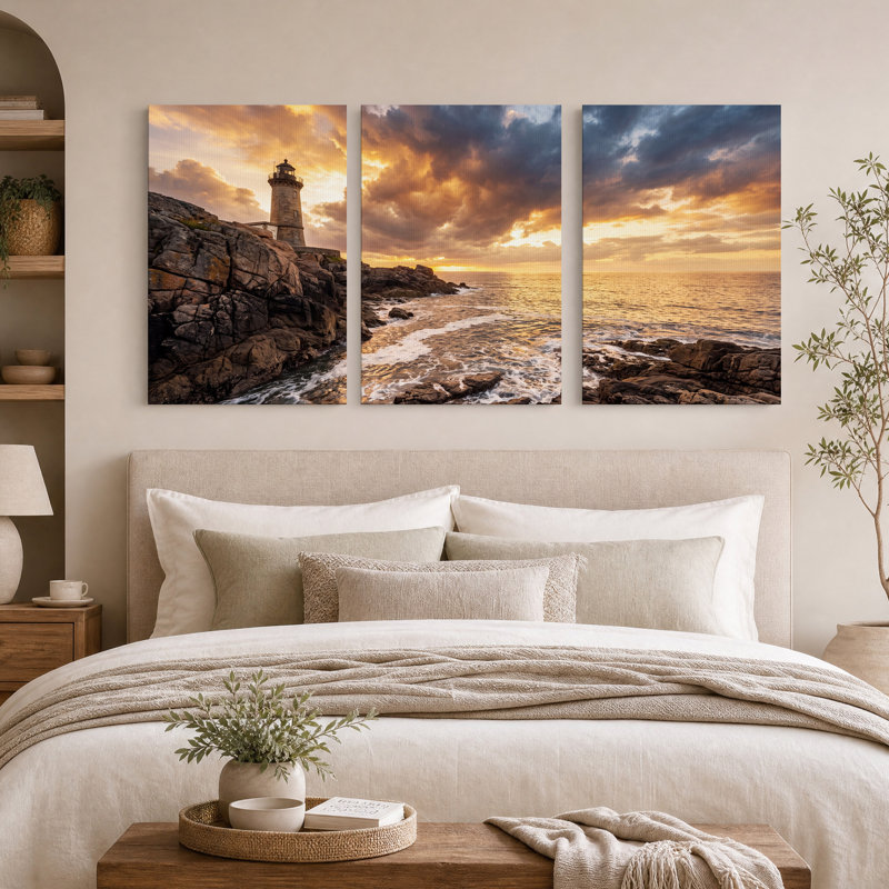 Ensemble de 3 toiles en pierre sur une côte rocheuse au coucher du soleil, H 36 po x l 24 po x 3 pièces