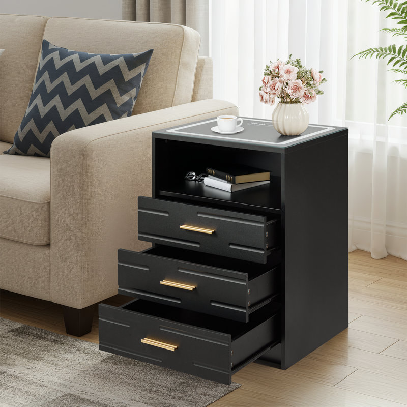 LED Nightstand with Drawers, Wireless Charging, & USB & Type-C Charging Ports, Black