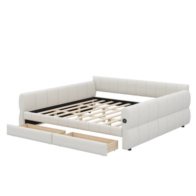 King Size Cushioned Platform Bed With USB Port And Two Drawers
