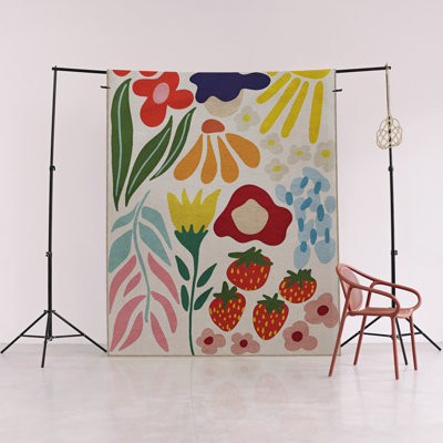 Light-Toned Multi-Colored Flower, Rose, and Strawberry Patterned Creative Modern Decorative Rug