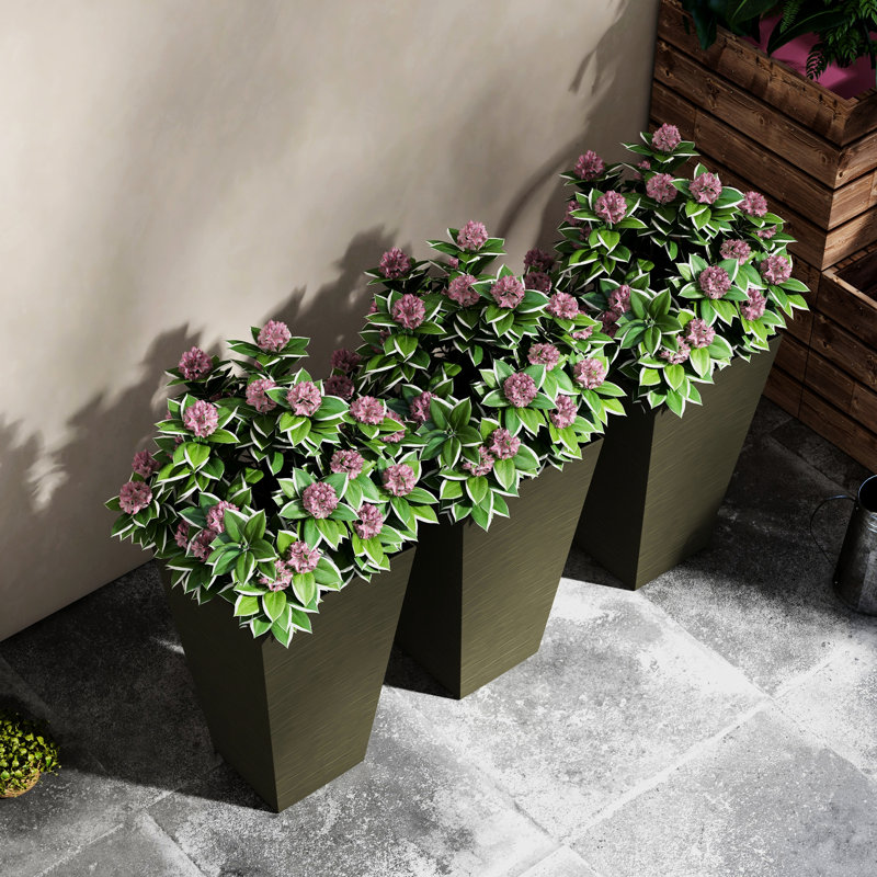 28" Tall Outdoor Pots Of 3, Large Taper Planters With Drainage Holes. Faux Wood Plastic For Patio, Garden, Indoor. Dark Brown. Stackable, Versatile Use Planter , 3 Drainage. For Outdoor, And Reliable