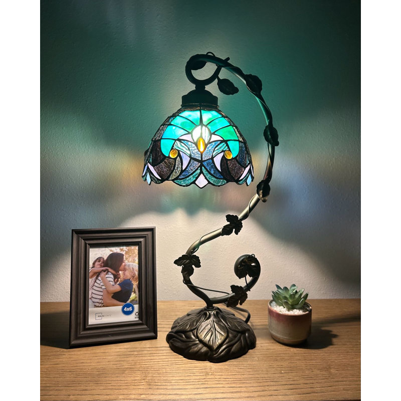 Simonetti Tiffany Table Lamp Green Brown Stained Glass Iron Metal Leaves Bronze Base 11"W*8"D*21"H, Green/Gray