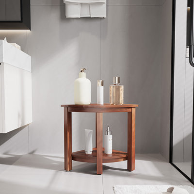 Tabouret de douche de coin en teck 16,8 po avec armoire de rangement, banc de douche compact et repose-pieds pour le rasage, petit siège de salle de bain