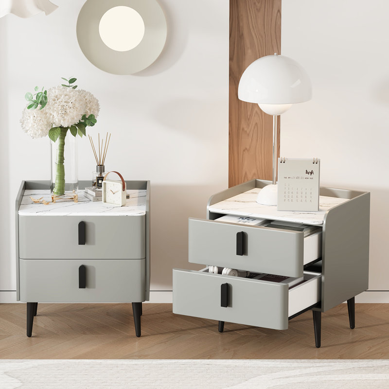 Table de bout moderne à 2 tiroirs gris, table de bout en marbre et 2 tiroirs, protection bien pensée, Ensemble de 2, Gris