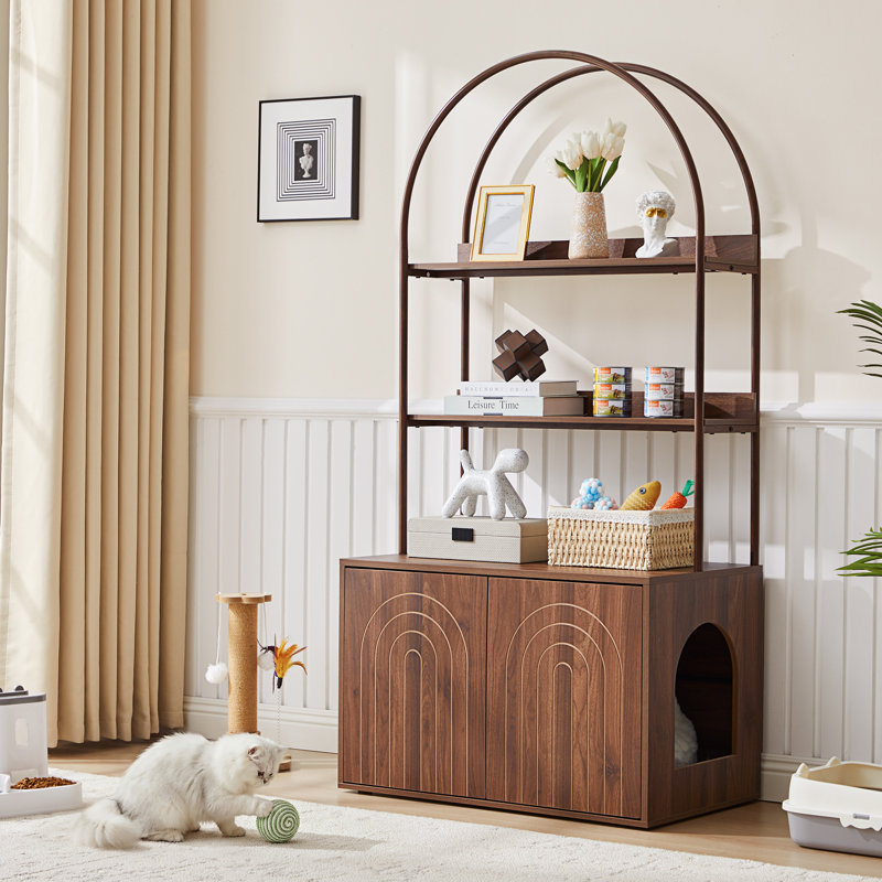 Enceinte de litière avec tablettes et portes, maisonnette pour chat avec rangement