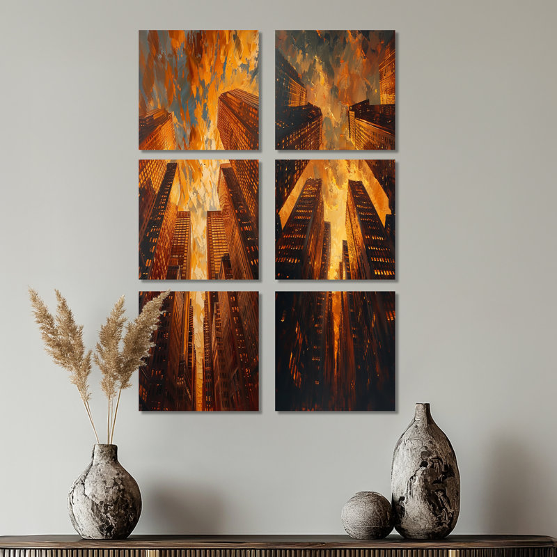 «Golden Perspective Skyscrapers Symphony», ensemble de 6 impressions sur toile gratte-ciel, Toile tendue, Ne s’applique pas