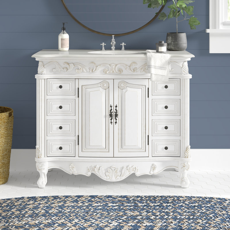 42'' Single Bathroom Vanity with Top, Antique White, Cream Marble