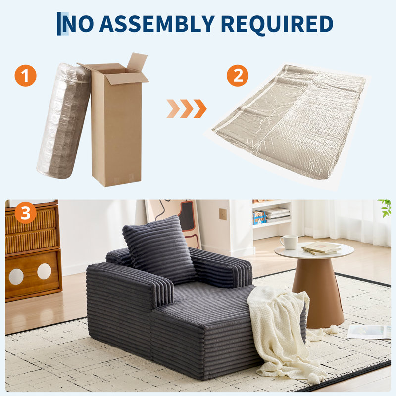 Fauteuil lounge d'intérieur sans os de 114 cm, canapé mini nuage avec coussin épais de 31 cm, chaise longue en velours côtelé doux