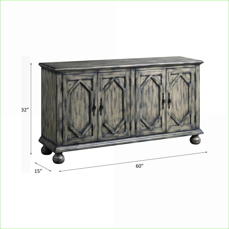 Armoires | Console rectangulaire en bois synthétique, finition gris ardoise, 4 tablettes de rangement intérieures, pieds tournés | Traditionnel | Salon