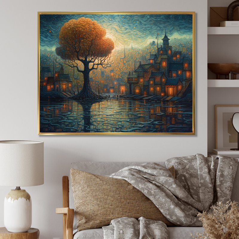 Rontavia " Blue And Orange Electrifying Skylines II ", 24" H x 32" W x 1" D, Gold Floater Framed
