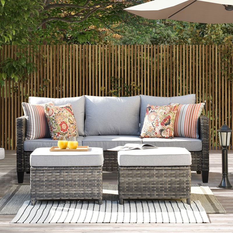 Ensemble de conversation avec canapé en rotin et coussins 8 pièces pour terrasse, Gris