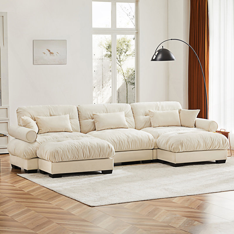 Boneless U Shape Modular Sectional Sofa Couch With Two Movable Ottomans, Cream Velvet