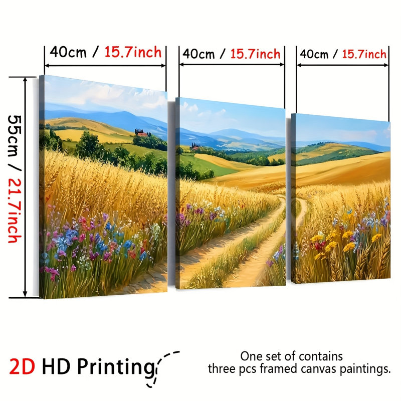 «Wheat Field», impression sur toile 3 pièces pour décor de salon Cozy Vibe, 30 * 20 pouces 3 pièces
