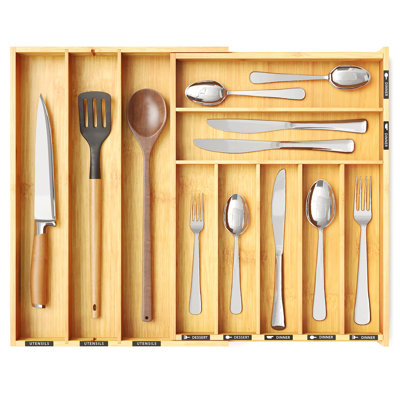 Organisateur de tiroir en bambou avec ustensiles de cuisine, porte-plateau extensible pour ustensiles de cuisine, coutellerie (naturel, 10 fentes)