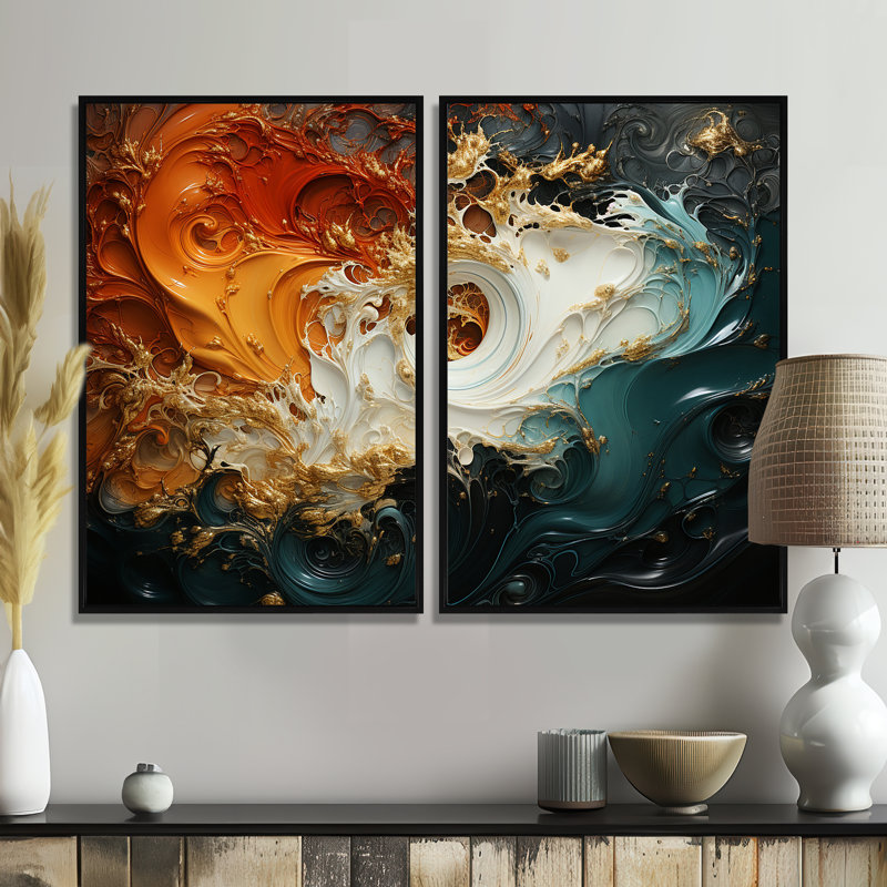 Encre blanche blanche et orange, tempête I - décoration murale blanche, Noir, H 36 po x l 48 po