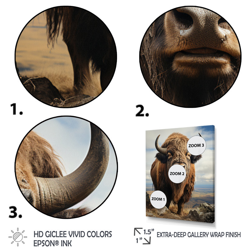 Bison Bold And Free - Animaux, art mural, salon, H 44 po x l 34 po x P 1,5 po, Cadre flottant blanc