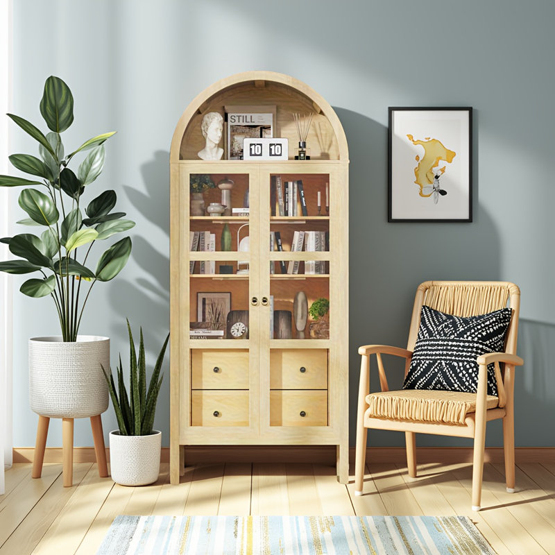 72" Modern Arched Storage Cabinet With Glass Doors – Auto Sensor Light, Height-Adjustable Shelves & 2 Drawers (Original Oak Wood Grain)