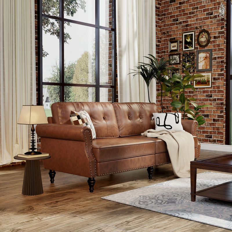 Burcet 79.7 " Faux Leather Sofa, Brown Faux Leather