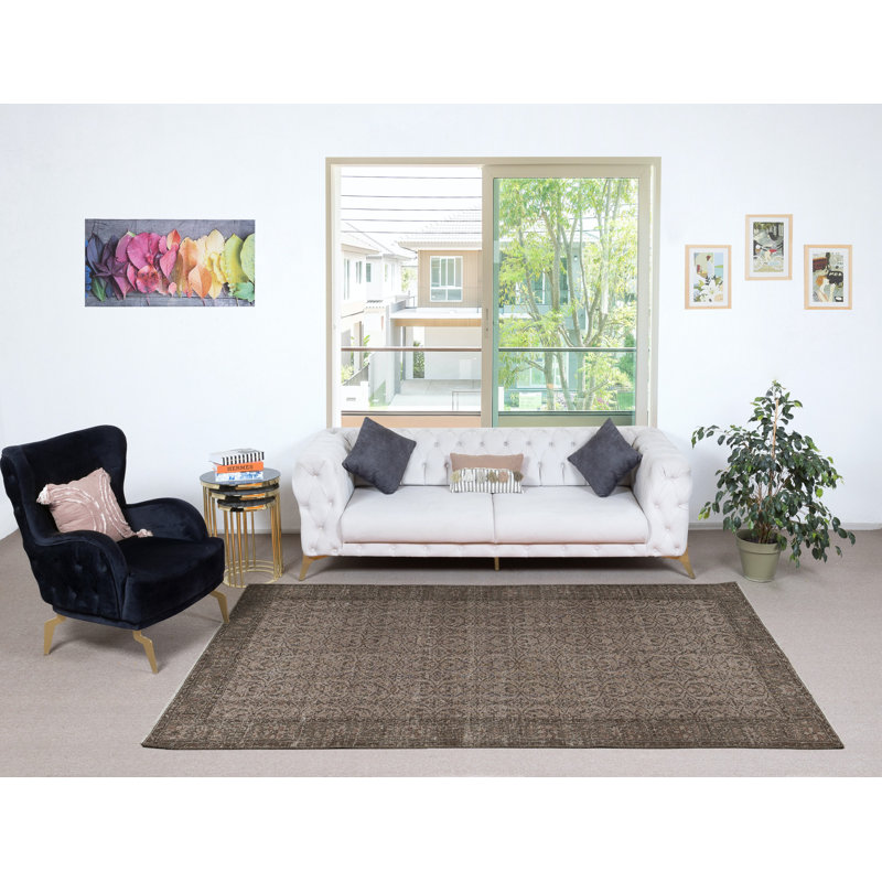Tapis turc à motif floral fabriqué à la main de couleur brune 5,2 x 9,5 pi