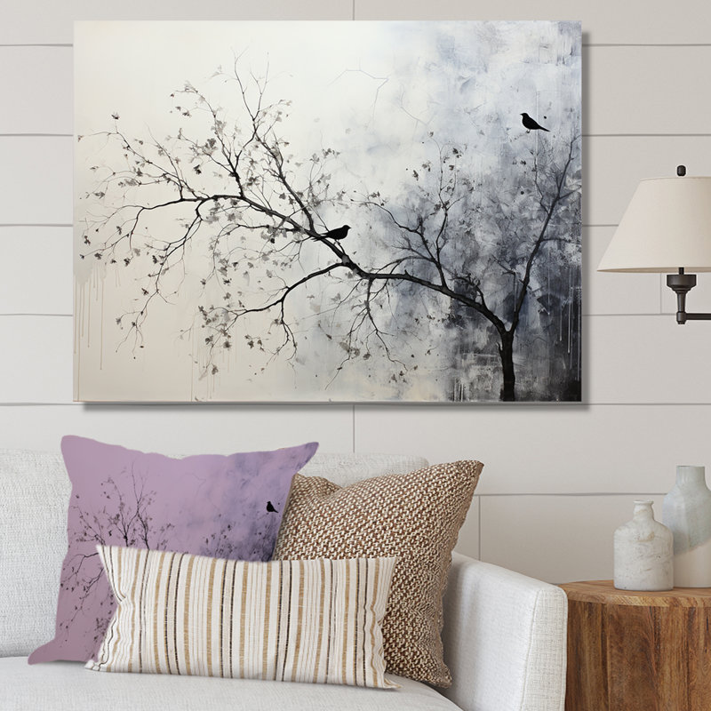 Minimalism Monochrome Birds On Branch II - Tree Canvas Canvas Prints, Wrapped Canvas, 24" H x 32" W x 1" D