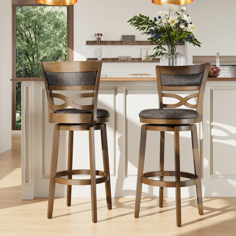 Tabouret de bar pivotant rembourré de 76 cm (30 po) avec cadre en bois massif et siège en similicuir pour la cuisine (ensemble de 2)