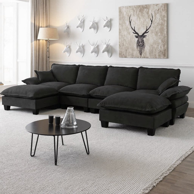Canapé modulaire en forme de U à 6 places avec nuage, canapé modulaire en forme de voilier avec repose-pieds mobile, tissu en chenille moelleux pour un salon et un appartement spacieux