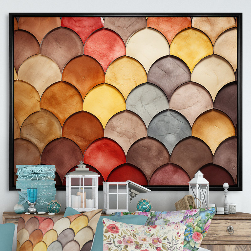 Décoration murale mosaïque colorée festonnée, H 30 po x l 40 po x P 1,5 po, Cadre flottant noir