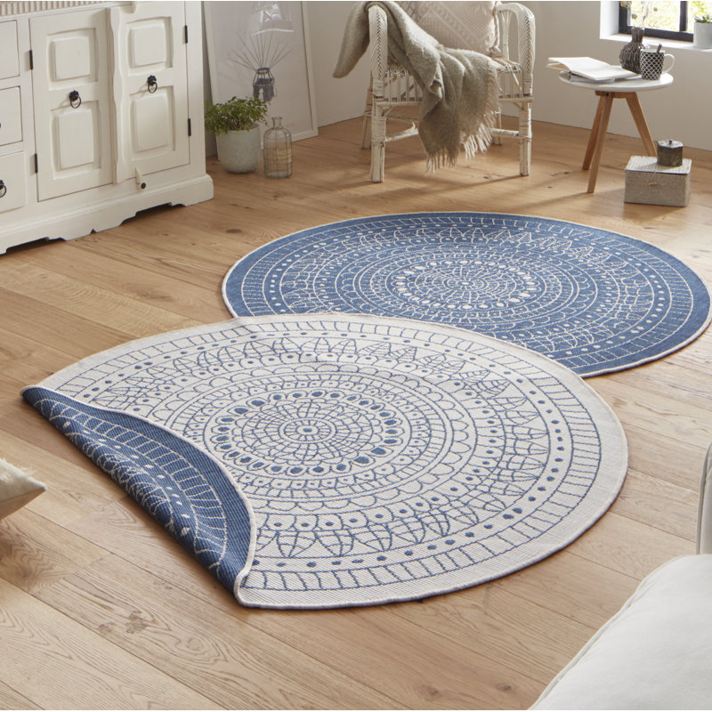 Porto Reversible Blue/Cream Rug, Round 200cm