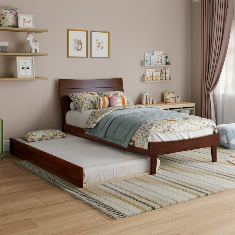 Phoenix Wood Platform Bed with Trundle, Walnut, Twin
