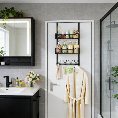 Over The Door Organizer With 16 Hooks And 2 Mesh Baskets - Multi-Functional Hanging Storage Rack For Bathroom, Bedroom, Living Room, And Home Closet