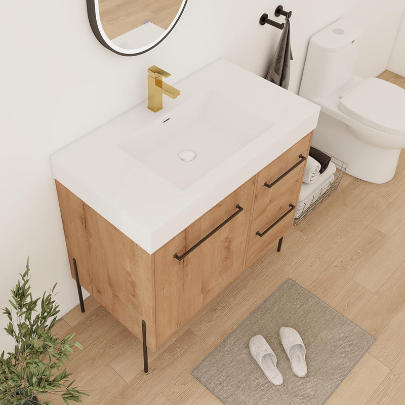 Meuble-lavabo sur pied 36 po avec lavabo en résine blanche, porte d'armoire à fermeture en douceur et 2 tiroirs, imitation chêne